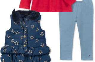 Tommy Hilfiger Conjunto de 3 peças com babados, gola de pele sintética, colete, top e leggings com logotipo, azul, tamanho 6