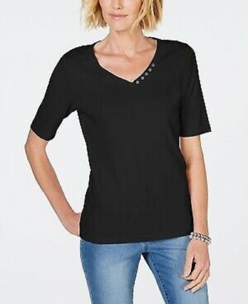 Camiseta feminina Karen Scott de algodão com decote em V, preta, tamanho pequeno