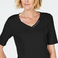 Camiseta feminina Karen Scott de algodão com decote em V, preta, tamanho pequeno