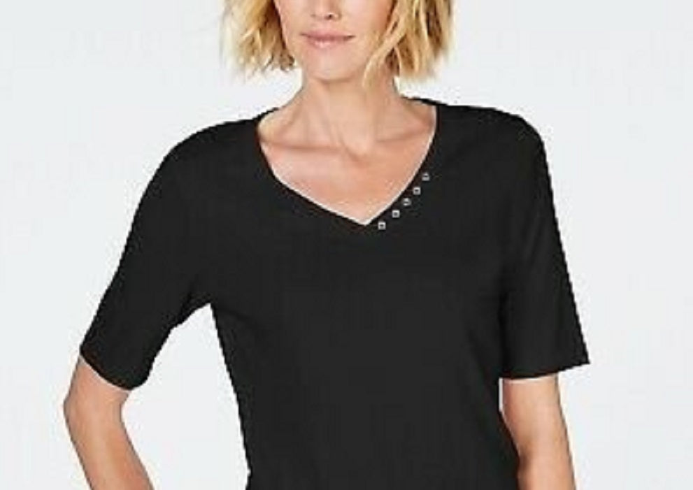 Camiseta feminina Karen Scott de algodão com decote em V, preta, tamanho pequeno