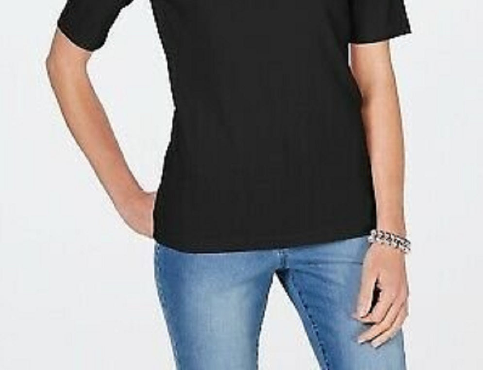Camiseta feminina Karen Scott de algodão com decote em V, preta, tamanho pequeno