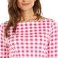 Charter Club Blusa feminina de algodão com estampa xadrez e gola canoa, preta, tamanho XS
