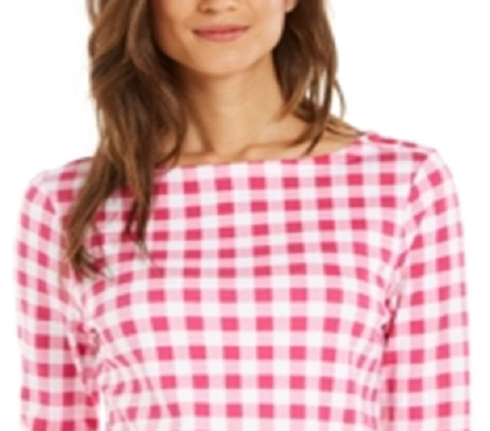 Charter Club Blusa feminina de algodão com estampa xadrez e gola canoa, preta, tamanho XS
