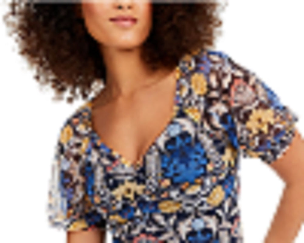 Blusa feminina estampada com franzido frontal, azul, tamanho XS, da INC International Concepts