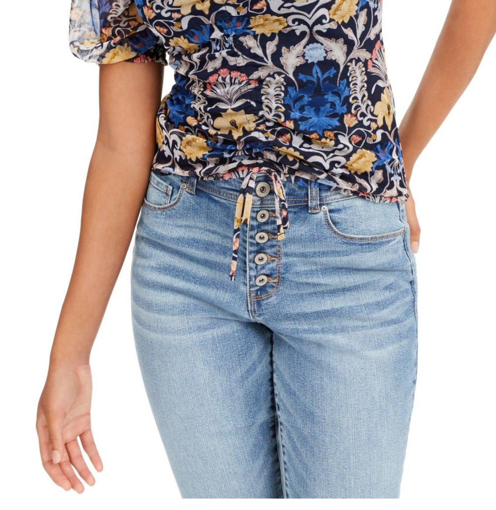 Blusa feminina estampada com franzido frontal, azul, tamanho XS, da INC International Concepts
