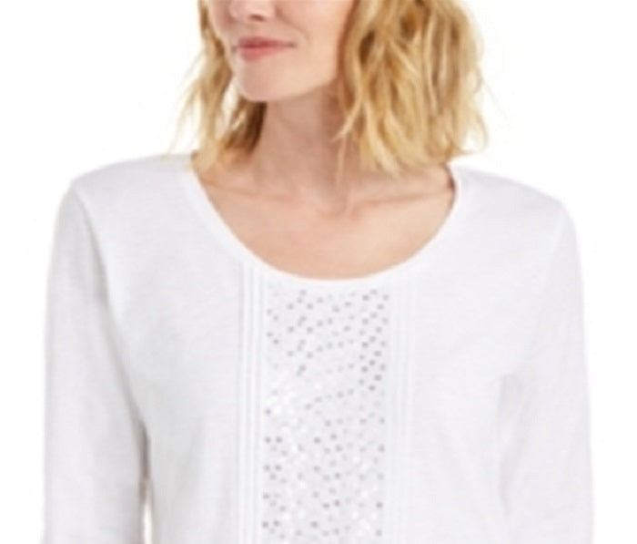 JM Collection Top feminino com decote redondo e lantejoulas, azul, tamanho XS