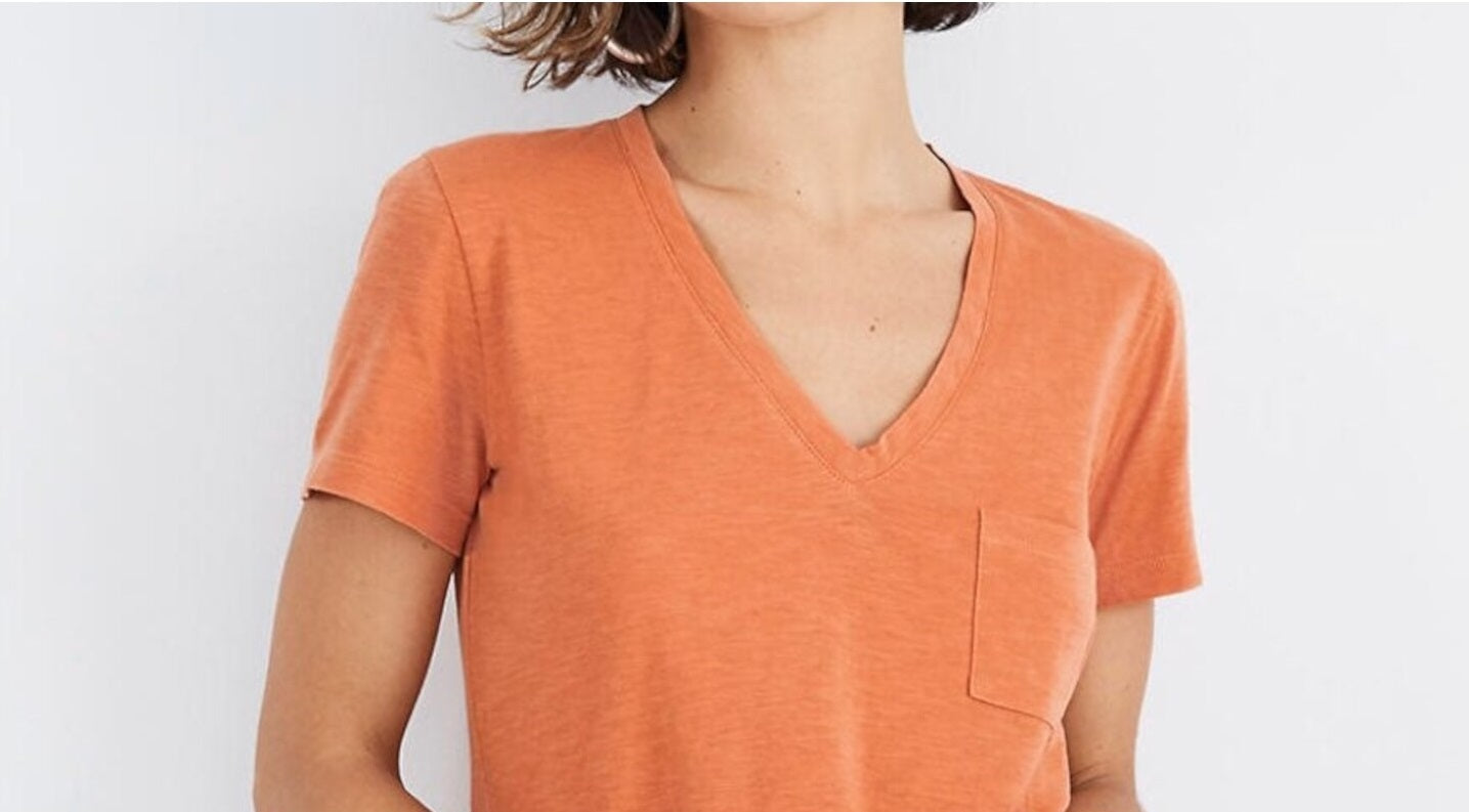 Camiseta feminina estilo &amp; co com mangas curtas mescladas e decote em V, tamanho laranja pequeno extragrande