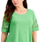 Top feminino Charter Club de algodão com acabamento em renda, verde, tamanho médio