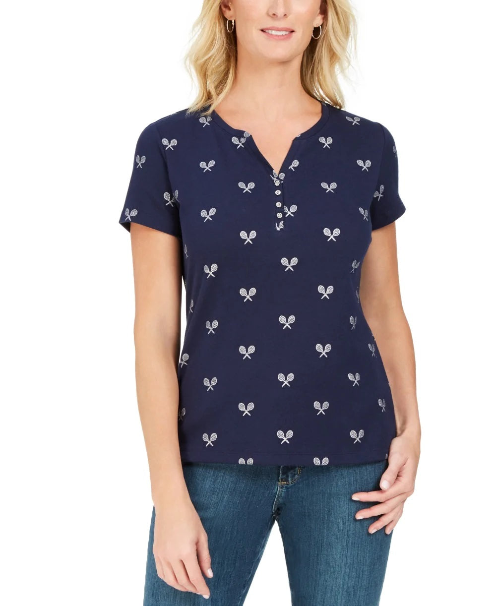 Karen Scott Perfect Swing Metálico Bordado Henley Top Feminino Intrepid Azul Tamanho XS