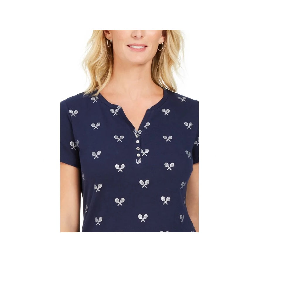 Karen Scott Perfect Swing Metálico Bordado Henley Top Feminino Intrepid Azul Tamanho XS