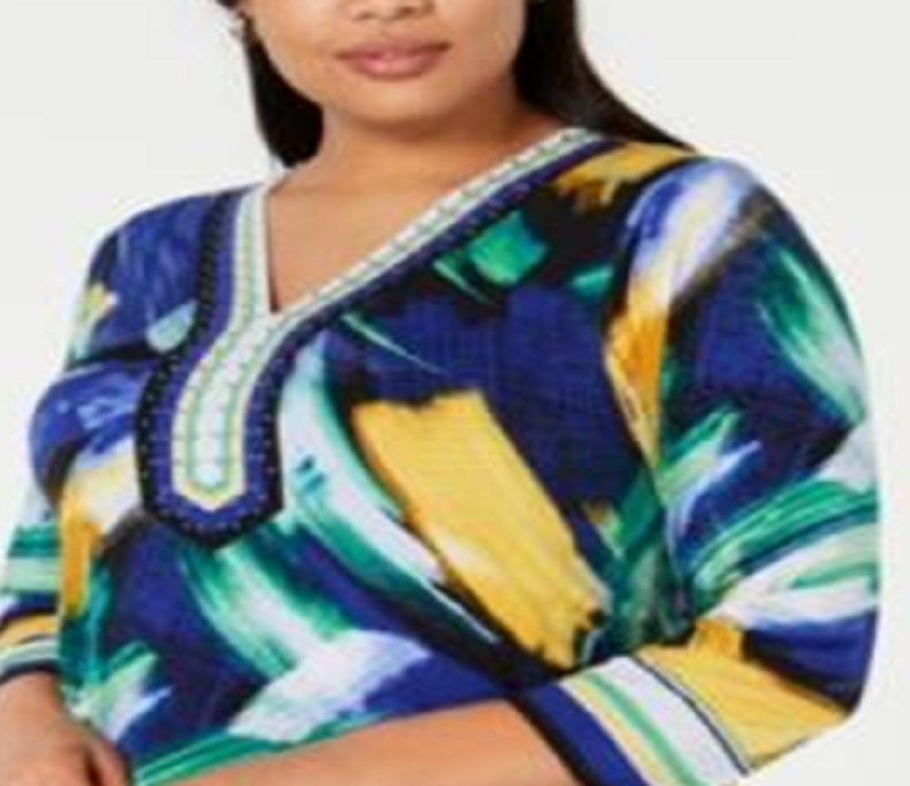 JM Collection Blusa túnica feminina com decote em V e detalhes em azul, tamanho 1X