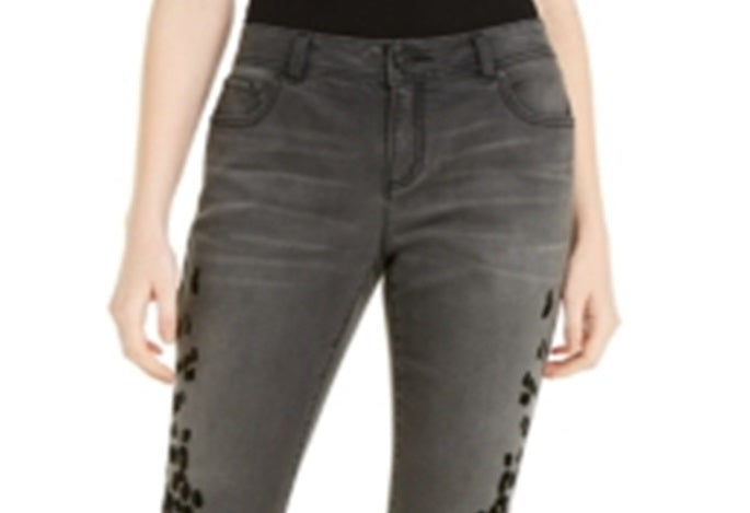 Calça jeans skinny feminina com estampa de leopardo e flocada da INC International Concepts, preta, tamanho 0