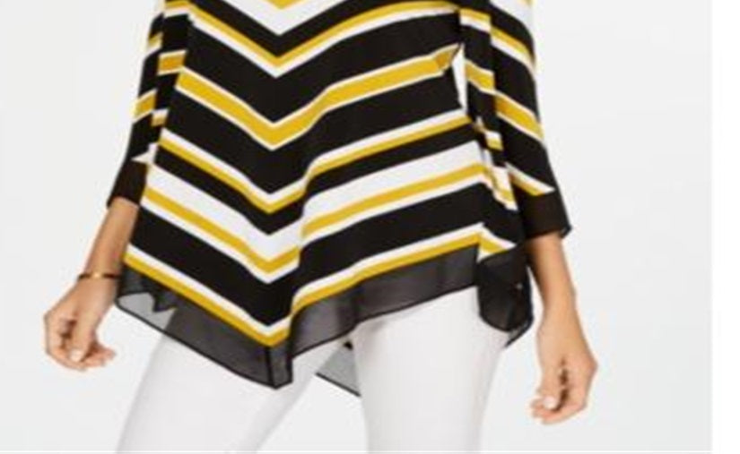 Blusa listrada feminina Alfani com bainha em V, amarela, tamanho pequeno M