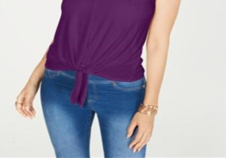Thalia Sodi Blusa feminina sem mangas com decote em V e bainha amarrada, roxa, tamanho GG