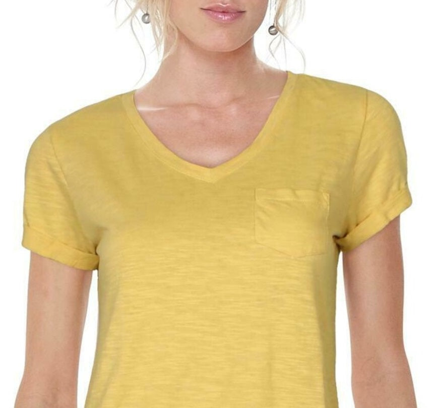 Camiseta feminina com bolso e decote em V, tamanho pequeno, amarelo, tamanho extragrande, da Style &amp; Co