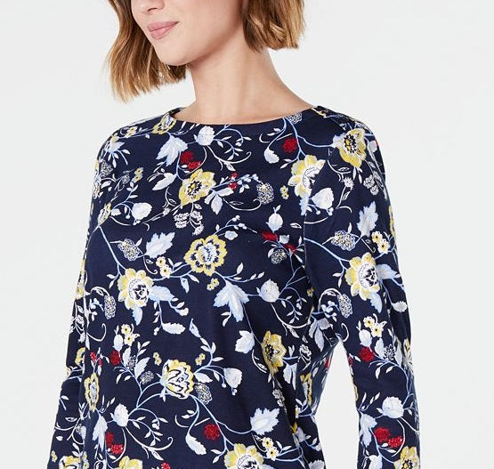 Camiseta feminina estampada de algodão Charter Club, azul, tamanho pequeno M