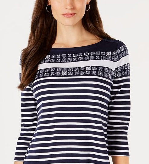 Blusa feminina de algodão estampada com manga 3/4 Charter Club, azul, tamanho M