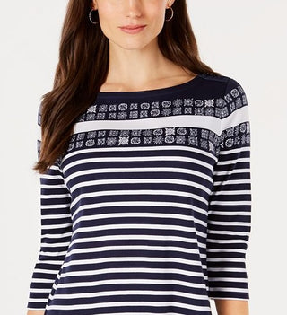 Blusa feminina de algodão estampada com manga 3/4 Charter Club, azul, tamanho M