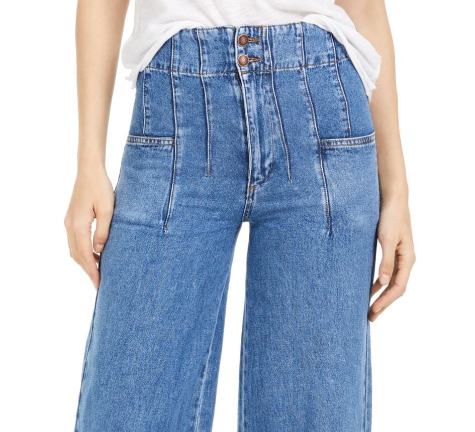 Calça jeans feminina Midnight City Denim cintura alta perna larga azul tamanho 29 da Free People