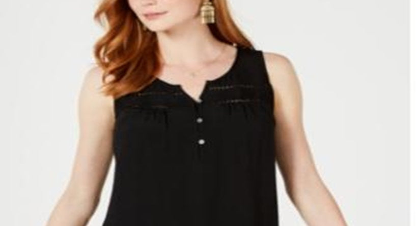Blusa regata feminina com decote dividido e botões, preta, tamanho grande, da Style &amp; Co