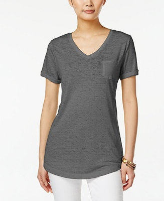 Camiseta feminina com decote em V e bolso, tamanho PP, cinza, estilo &amp; co
