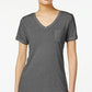 Camiseta feminina com decote em V e bolso, tamanho PP, cinza, estilo &amp; co