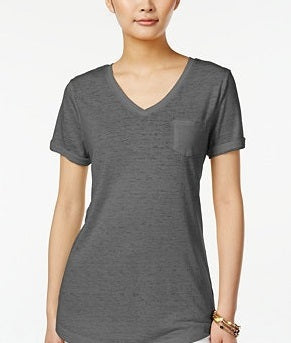 Camiseta feminina com decote em V e bolso, tamanho PP, cinza, estilo &amp; co