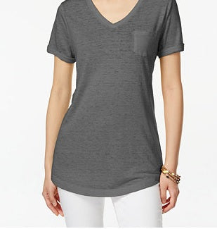 Camiseta feminina com decote em V e bolso, tamanho PP, cinza, estilo &amp; co