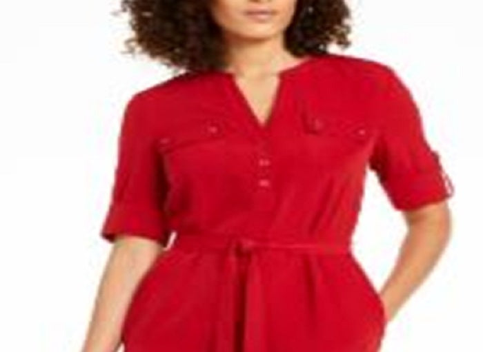 Vestido-camisa feminino Anne Klein com decote dividido e cinto, vermelho, tamanho XXL