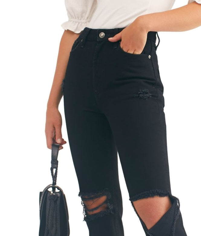 Calça jeans feminina reta e desfiada Free People, preta, tamanho 29