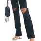 Calça jeans feminina reta e desfiada Free People, preta, tamanho 29