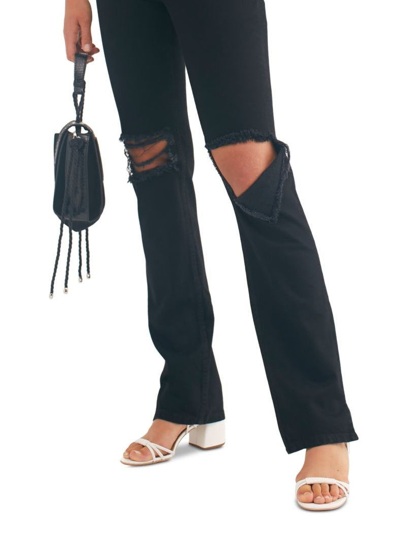 Calça jeans feminina reta e desfiada Free People, preta, tamanho 29