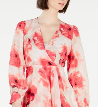 Vestido envelope falso Calvin Klein feminino, manga longa, acima do joelho, vermelho, tamanho 10