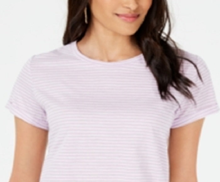 Camiseta feminina listrada com gola redonda Maison Jules, roxa, tamanho grande