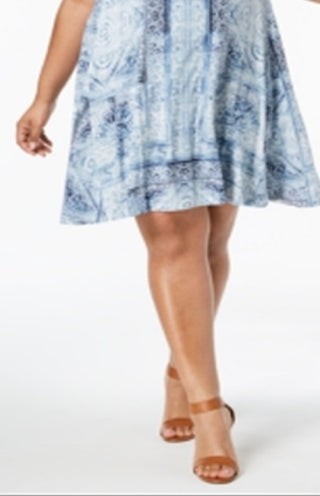 Vestido feminino plus size estampado estilo swing a line azul tamanho 0X