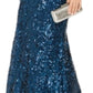Vestido de noite feminino Nightway com lantejoulas, alças finas, decote em V, comprimento total, bainha, azul, tamanho 8