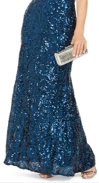 Vestido de noite feminino Nightway com lantejoulas, alças finas, decote em V, comprimento total, bainha, azul, tamanho 8