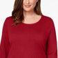 Karen Scott Blusa feminina de algodão com decote redondo e manga 3/4, vermelha, tamanho pequeno G