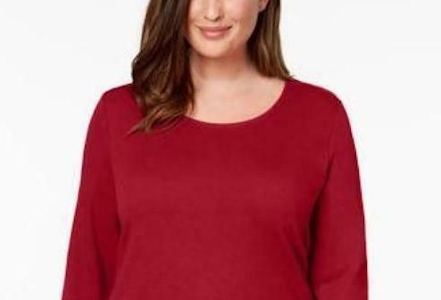 Karen Scott Blusa feminina de algodão com decote redondo e manga 3/4, vermelha, tamanho pequeno G