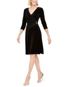 Vestido de noite feminino Connected Apparel, manga comprida, decote em V, comprimento até o joelho, preto, tamanho 10, pequeno
