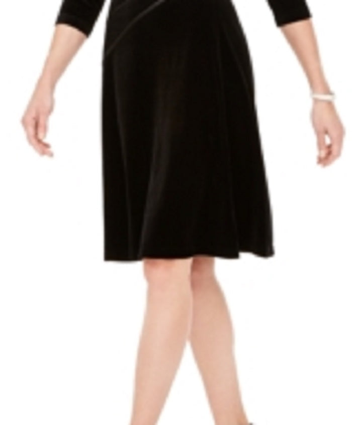 Vestido de noite feminino Connected Apparel, manga comprida, decote em V, comprimento até o joelho, preto, tamanho 10, pequeno
