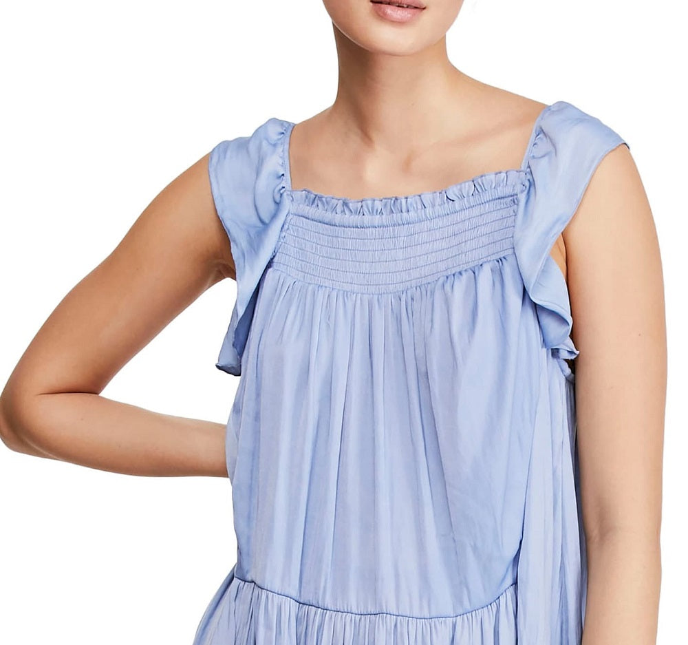 Blusa peplum com decote reto e manga curta feminina da Free People Want Your Love, azul, tamanho pequeno