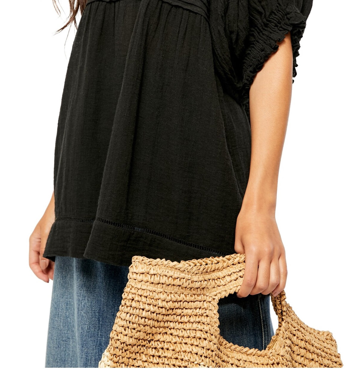 Blusa plissada com decote em v e manga bufante Free People para mulheres, preta, tamanho médio