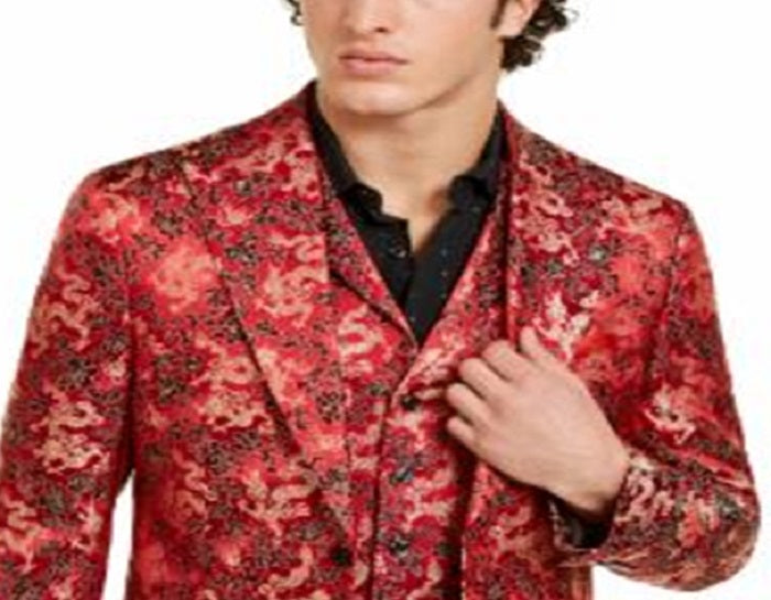 Blazer masculino Tallia curto Qipao Dragon Jacquard com lapela alta, vermelho, tamanho 40