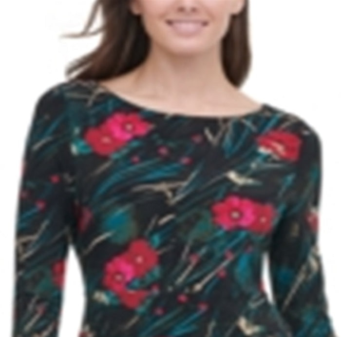 Vestido tubinho midi com decote canoa e manga comprida floral Tommy Hilfiger feminino, preto, tamanho 12