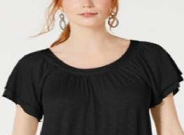 Blusa feminina estilo &amp; co com mangas bufantes e camadas, preta, tamanho médio