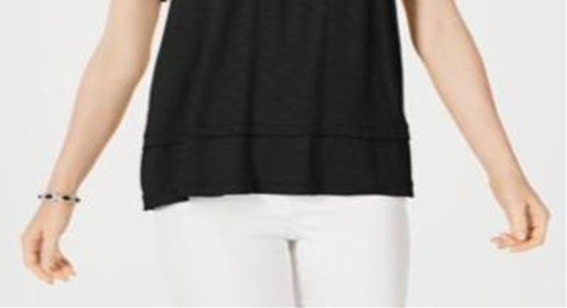 Blusa feminina estilo &amp; co com mangas bufantes e camadas, preta, tamanho médio