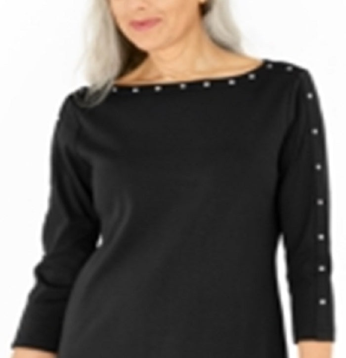 Vestido rodado com tachas de algodão feminino Karen Scott, preto, tamanho pequeno