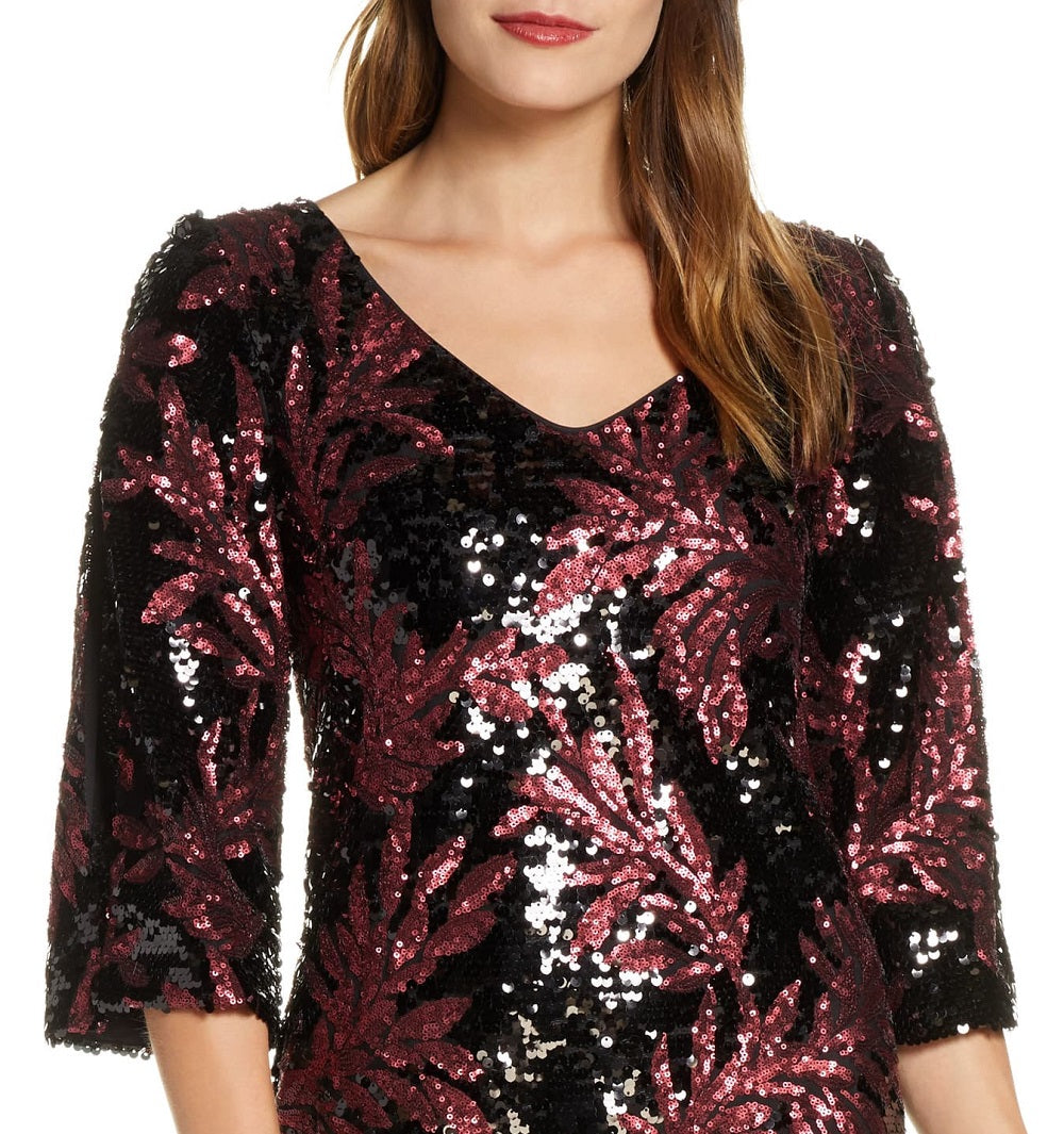 Vestido feminino Taylor com mangas divididas e lantejoulas botânicas, preto, tamanho 10