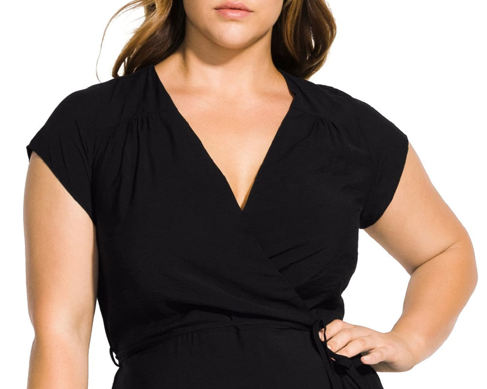 Vestido envelope feminino City Chic com babados em cetim sintético, preto, tamanho X-S